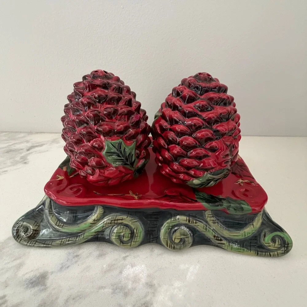 Tracy Porter Winter Collection Red Pinecone Salt and Pepper Shakers with Tray